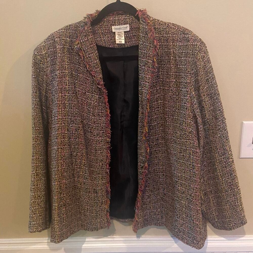 Coldwater Creek‎ Tweed Open Front Jacket Size L Fray Trim Silk Blend Multicolor